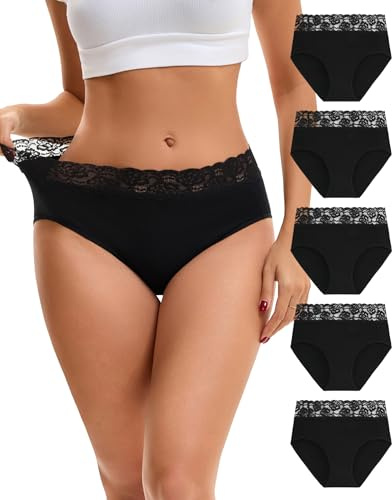 INNERSY Bragas Negras Mujer Encaje Altas Algodon, 48, 5 Negro Clásico