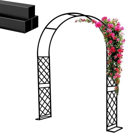 Pergolato ad arco in metallo resistente alle intemperie per rampicanti, rose ed edera, robusta struttura da giardino per esterni, facile da montare e base rinforzata (nero, 200 x 240 x 40 cm)