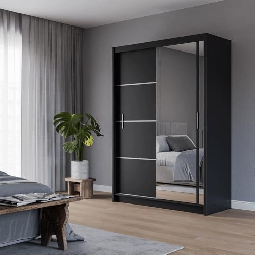 Krudox PRVTA 150 cm Schwarz Schwebetürenschrank Mit Spiegel Breiten 150/180/200/250 cm Kleiderschrank Für Wohnzimmer Mit 2 Kleiderstangen Farben Weiß/Schwarz/Sonoma