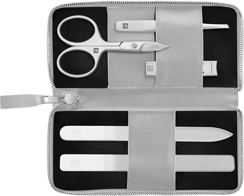 ZWILLING Manikyr- och pedikyrset 5 delar, nagelsax, nagelklippare, fodral av veganskt äppelläder, grå