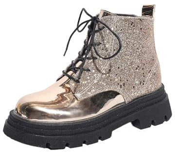 BIBOKAOKE Bottines à lacets pour femme - Talon bas - Bottines à lacets - Bottes à talon bloc - Brillantes - Bottes courtes rondes antidérapantes, Style I02 doré, 40 EU