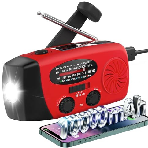 Wind Up Radio Solar, Battery, Torch - 10000mah Rechargeable Portable Emergency Hand Crank Radios with AM/FM/WB NOAA Weather SOS Alarm, USB Phone Charger for Camping Hiking, Red