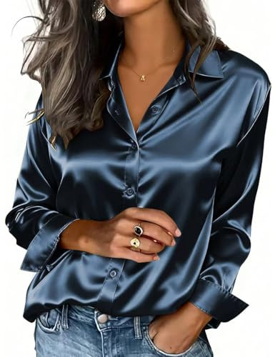 PANOZON Camicie da Donna in Raso di Seta con Bottoni Camicie da Ufficio a Maniche Lunghe in Seta Camicette Casual da Lavoro Top