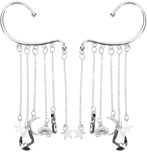 TOPPERFUN Orecchini Clip Donna 2 Pezzi a Forma di Mezzaluna e Stella in Lega Argento Nappe, Stile Unico e Comodo da Indossare per Ogni Occasione