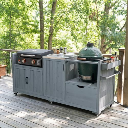 80.5 Outdoor Kitchen Island for Big Green Egg& Blackstone Griddle, Solid Wood Grill Cart Table with Stainless Steel Top, Drawer for Large Big Green Egg and 21/28 Blackstone Griddle, Grey Blue