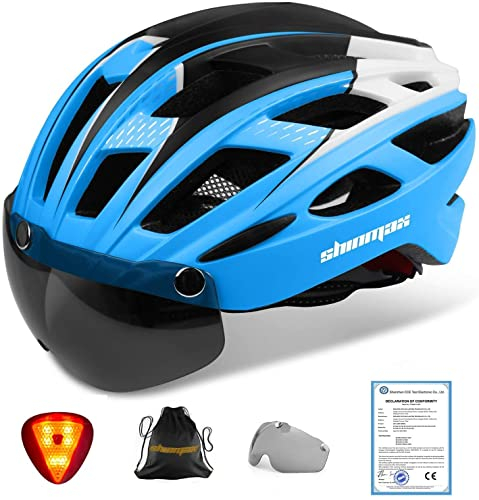 Shinmax Fahrradhelm,CE-Zertifikat,Fahrradhelm mit Abnehmbarer Schutzbrille Visier für Herren Damen Erwachsene Radhelm Einstellbarer Sicherheitsschutz LED Rücklicht Skateboarding Ski Snowboard NR-096