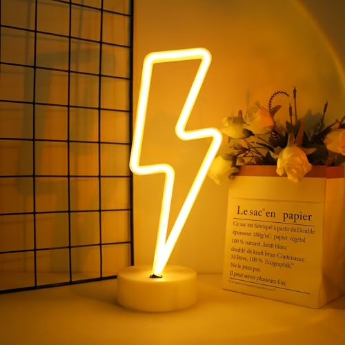 ENUOLI LED Lightning Shaped Neon Signs Lights Battery Operated/USB Powered Warm White Art LED Decorative Night Lights Table Decor for Living Room Office Christmas Birthday Wedding Party Decoration