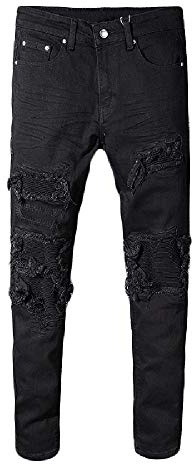 THJIQ Pantaloni da Motociclista da Uomo in Denim Stretch Patchwork Nero per Moto Pantaloni a Matita Strappati Skinny Slim Fit