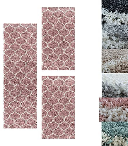 SIMPEX Bettumrandung Schlafzimmer 3teilig Shaggy Hochflor Teppich Rose Bettset: 2 mal 60x110 + 1 mal 80x150 - Schlafzimmer Teppich 3 Teilig Läufer Extra Weich Flauschig Bettvorleger Läuferset Halı