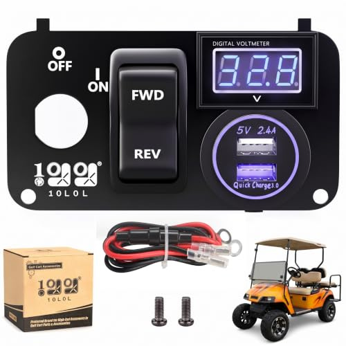 10L0L Golfwagen-Schlüsselschalter, Konsolenplatte für EZGO TXT PDS ab 2003, elektrisch, ausgestatteter Vorwärts-Rückwärtsschalter & LED-Digital-Voltmeter & 12 V 3.0 Schnellladegerät, Dual-USB-Buchse