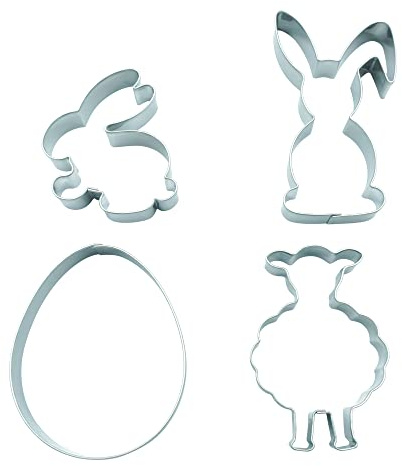 BekkiB 21604-4er-Set Ostern - Ausstecher in Form von Hase mit Schlappohr, Schaf, Ei & sitzendem Hasen - Aus Edelstahl