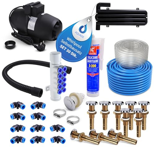AQUADE 30-teiliges Set Whirlpоol Badewanne Selbstbausatz - Luftgebläse mit Ozonreinigung - Bausatz mit Whirlpоol Gebläse 700W + Heizung 300W + Ozon / 10x Airjet, Startknopf, Luftschlauch und mehr