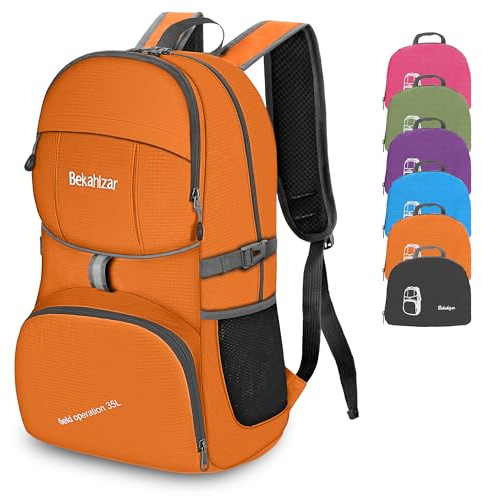 Bekahizar Rucksack, faltbar, 35 l, kleiner Wanderrucksack, leicht, Reisetasche für Damen und Herren, Kinder, Outdoor, Camping, Reisen, Klettern, Wandern, Radfahren, Sport und Outdoor, Orange, L, Sport