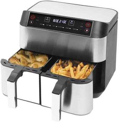 Niceey Dual Zone Heißluftfritteuse, 8L, Doppel Airfryer XXL fur 8 Portionen, Heißluftfritteuse 2 Kammern mit 2x4L Fassungsvermögen, 2460 Watt, Doppelfunktion, Silber