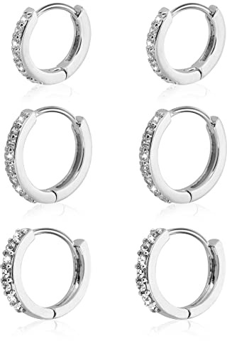 3 Paires Creoles Femme Boucle d'Oreille Anneau Petite Creole Argent Femme avec Zircon Cubique Petites Boucles d'Oreilles Créoles en Argent Sterling avec Strass Boucles d'Oreilles pour Homme Argent