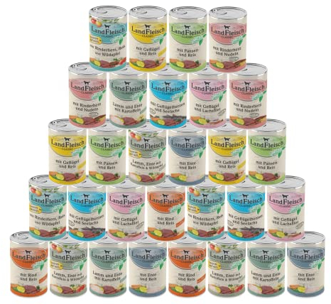 Landfleisch Classic 30 x 400g | Garantierter 10-Sorten-Mix | Mit hochwertigem Fleisch, Rapsöl (Omega-3 & 6), ohne Gluten, Zucker, GVO & Soja | Nassfutter für Hunde