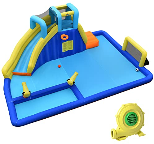 DREAMADE 6 in 1 Hüpfburg Aufblasbar, Wasserpark mit Rutsche & Kletterwand & Spielpool & Wasserpistole & Fußballtor, Wasserrutsche Outdoor für Kinder 3-12 Jahre, 526 x 373 x 205 cm (mit Gebläse)