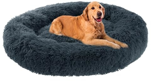 ZHULONGRUSHUI Hundebett,Katzenbett,plüsch Hundekissen rund Kuschelbett Donut,erhöhte Ränder,Anti-Angst,Hundekissen Waschbar Hundekorb Flauschig,Mittelgroße und Große Hunde(Dunkelgrau)