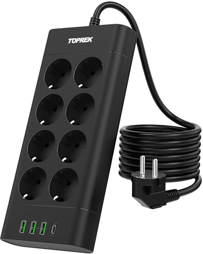 Steckdosenleiste 4 USB Mehrfachsteckdose mit USB C (PD 20W) 8 Fach Steckerleiste Überspannungsschutz 4000W 16A Steckdosenleiste Wandmontage mit Schalter 2M Kabel Verteilersteckdose für Büro (Schwarz)
