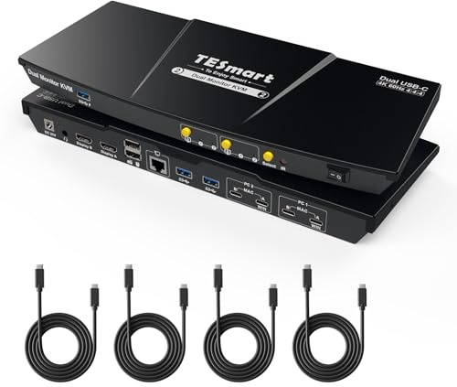 TESmart USB3.0 USB-C KVM Switch 2 Monitore 2 Computer, KVM Switch Dual Monitor 4K @ 60Hz, MST Modus, unterstützt Gigabit-Netzwerk, EDID-Emulatoren, Headset-Port, Hotkey-Switch, Tastenschalter mit