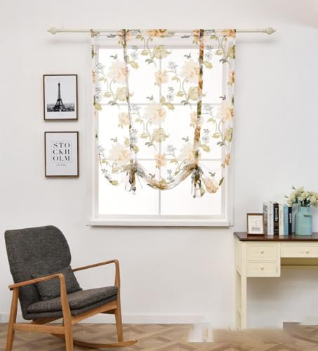Raffrollo Mit Schlaufen Raffgardinen Gardinen, Küche Bindegardine Scheibengardine, Voile Transparentes Bändchenrollo, Für Schlafzimmer, Badezimmer, Küche，1er Pack (BxH 117x160cm,Gelbe Pfingstrose)