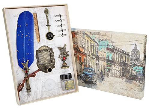 Emoshayoga Retro-Federstift-Set, Kalligraphie-Stift im Retro-Stil, klassischer Stil, Urlaubsgeschenk, Blau