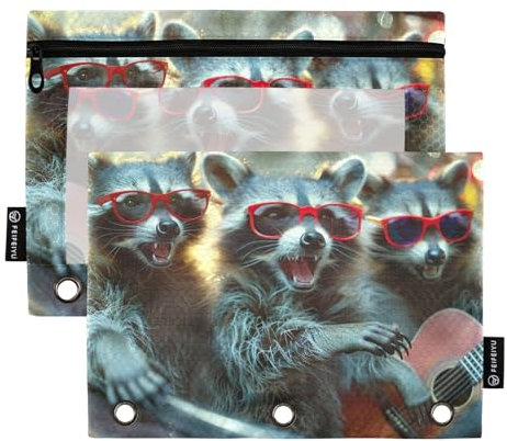 GAIREG Lustiges Federmäppchen mit Waschbären mit roter Brille, Federmäppchen für Ordner, 3 Löcher, Bleistifttasche, Reißverschluss, 2 Stück