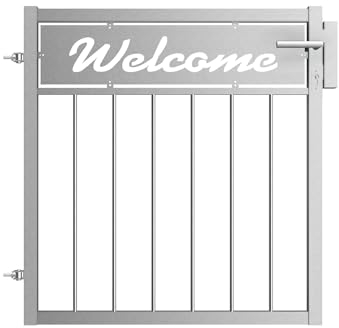 Gartentor Edelstahl V2A - Motivblech Welcome - Vertikalfüllstreben - Gartentüre, Zauntor, Terrassentür, Grundstückstor, Einganstor (ohne Pfosten DIN rechts ohne Montageset)