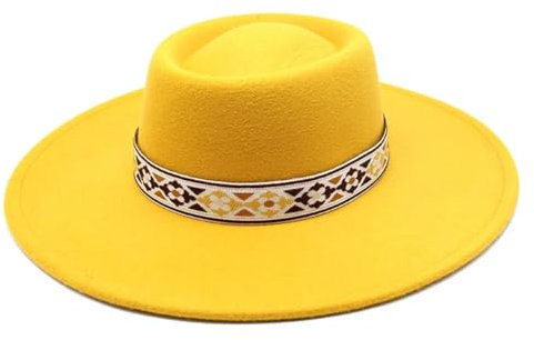 Unisex Filzhut Fedoras Hut breite Krempe Bowler Hut Kirche Jazz Caps, gelb, 6 7/8-7 1/8