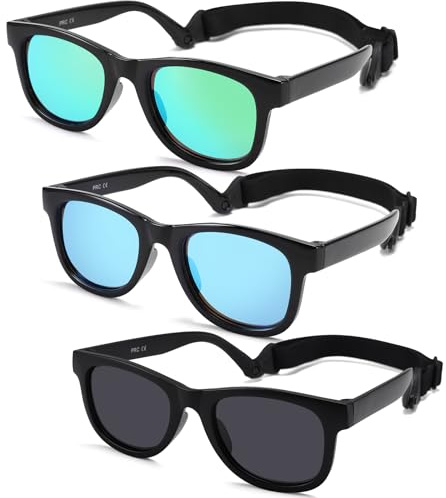COASION 3 Pack Bendable Flexible Polarized Newborn Baby Sunglasses with Silicon Strap for Infant Boys Girls Age 0-12 Months CA9062 (Black/Green Mirror + Black/Blue Mirror + Matte Black/Gray)