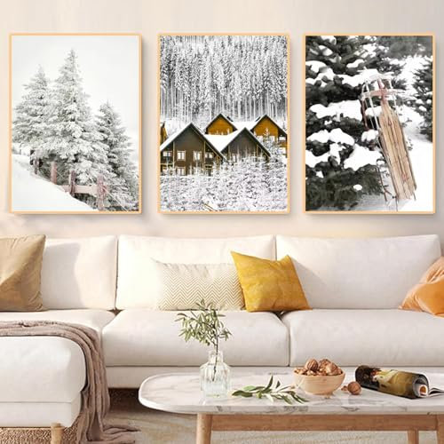 champracer 3 Stück Moderne Poster Set,Winter Bilder, Elch, Holzhaus, Modern Wanddeko für Wandbilder Wohnzimmer Schlafzimmer Küche Esszimmer und Badezimmer, Ohne Rahmen (21x30 cm,Weihnachten)
