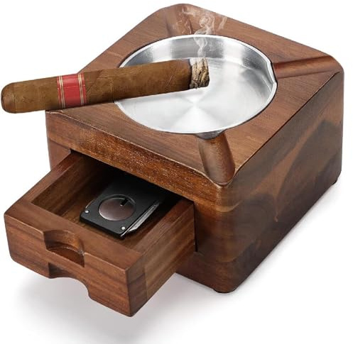 Holz Zigarren Aschenbecher mit 4 Schlitzen, Quadratischer Form für Draußen Unterwegs mit Abnehmbarer Schublade Heimbüro - Personalisierte Zigarren-Geschenke für Männer