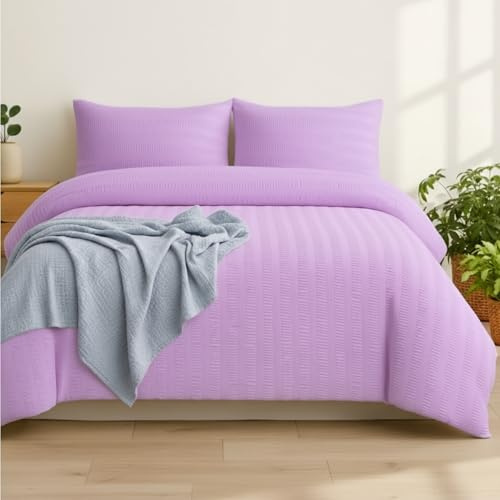 Q&H Bedding King Seersucker Duvet Cover Set - Lilac Quilt Cover Brushed Microfiber with Pillowcase - Multiple Sizes Complete Bedding Set - Soft & Breathable, Easy Care & Machine Washable