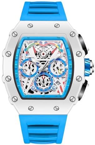 RORIOS Tonneau Armbanduhren für Herren Analog Quarz Uhr Silikon Sport Uhr Männer Mode Uhren Leuchtend Datum Kalender Uhren Blau