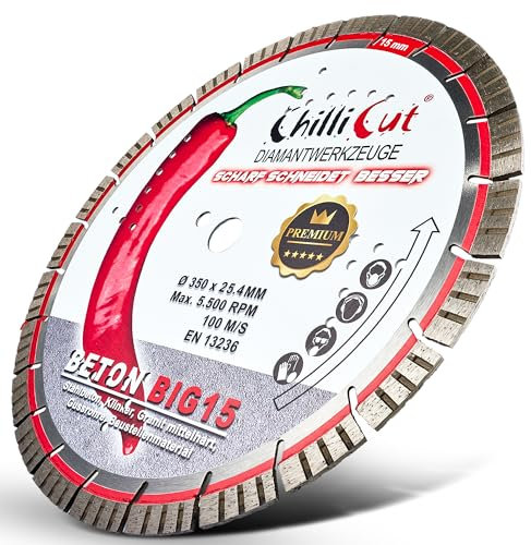 Chillicut® 350 mm Diamanttrennscheibe mit Big 15-Segmenten für Beton, Pflastersteine, Naturstein uvm. | Premium Diamantscheibe für Nass- und Trockenschnitt | Markenqualität