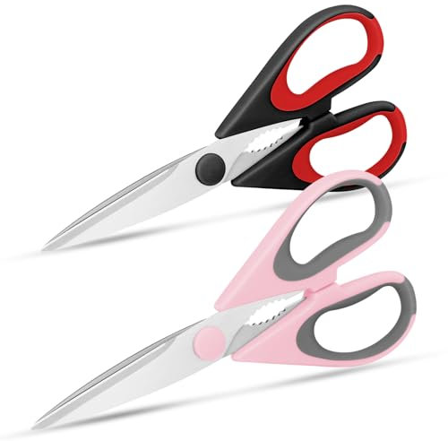 Vutyvve Tijeras de cocina, 2 tijeras de cocina extraíbles, cuchillas de acero inoxidable, agarre suave, aptas para lavavajillas, rojo, negro, rosa y gris