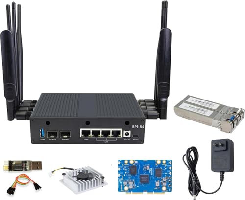 Banana Pi BPI-R4 WiFi 7 Routeur OpenWRT DDR4 4 Go/8 Go de RAM MediaTek MT7988A (Filogic 880) SoC, routeur sans fil 4G/5G, 2 x 10GbE SFP 4X GbE pour NAS Smart Home Gateway (10G Fibre Kit, DDR4 8 Go)