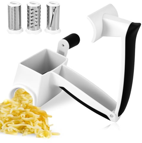 Miawtro Cheese Grater, Multi-Functional Cheese Grater Rotary with 3 Grating Barrels and Easy Clean, Rotary Grater with Stainless Steel and ABS Food Grade Material for Cheese, Chocolate, Nuts, Potato