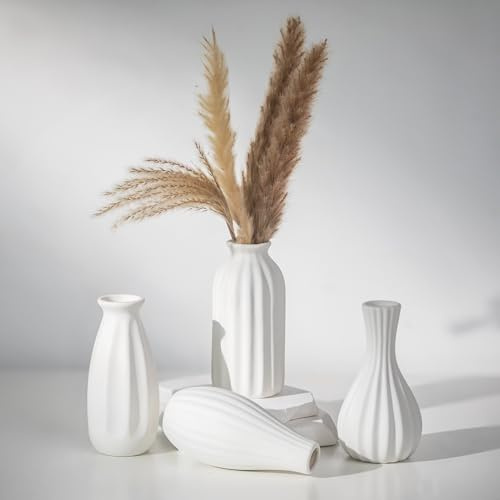 NUPTIO Small White Ceramic Vase: Decorative Flower Bud Vases for Home Bathroom Shelves Decor - Rustic Boho Ribbed Centrepiece for Table Decoration Set of 4
