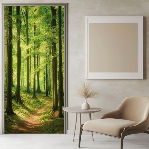3D Türaufkleber Waldbaum 100x200 cm Grün Türtapete Selbstklebend Türposter Türfolie, Türsticker PVC Wasserfest Wandbild Wandaufkleber für Kinder bad büro