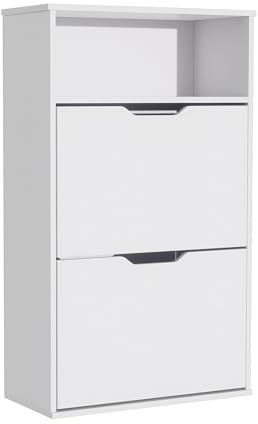 Garvishk Garvis Schuhschrank 2 Klappen + Ablage – ULTRASCHMAL (24 cm Tiefe) – 60x102 cm – Für ca. 6 Paar – MDF Weiß