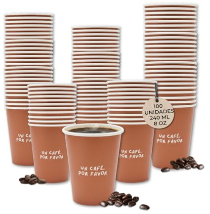 Vasos Café Desechables 100 Unidades - Vasos de Cartón Marrón 240 ml con Diseño Elegante Para Llevar Espresso y Cortado - Vasos para Bebidas Calientes o Frías - Oficina, Eventos, Catering, Bar