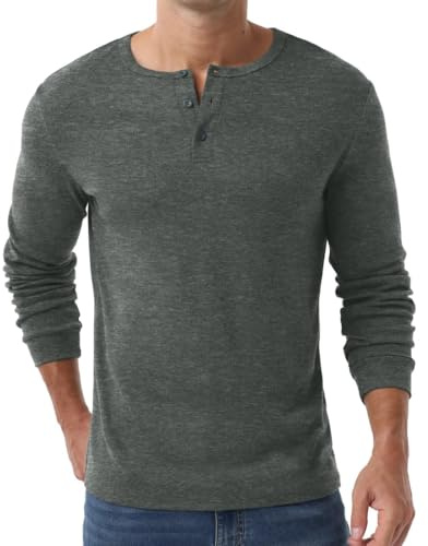 PrinStory långärmad tröja herr Henley vinter fritid knapp t-shirt stickad tröja t-tröjor för män, XL