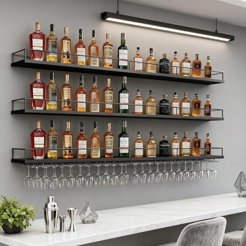 FKKPRVAX 180CM Portabottiglie Da Parete in stile industriale con luce a LED, 3 Livelli moderno porta vino in metallo con portabicchieri, per cucina, bar, caffetteria e arredamento per la casa (Nero)