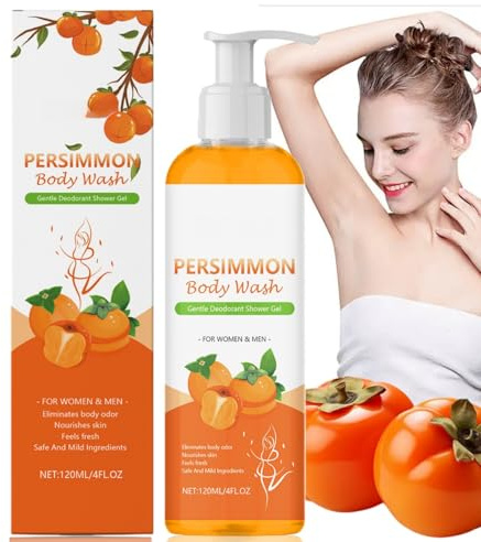 120ml Persimmon Body Wash & Shower Gel for Men & Women,Antifungal & Natural Deodorant for Body Odor Control,Moisturizing Travel Body Wash with Persimmon Extract,Deep Cleansing Bar Soap Alternative