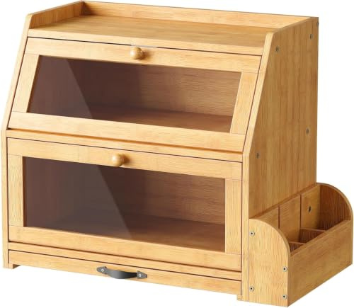 HOOBRO Portapane in bambù a 2 Livelli con Tagliere e Portaposate, Contenitore per Pane con Doppio Sportello a Ribalta in Acrilico Trasparente, per Cucina e Sala da Pranzo, Colore Naturale EYL23MB01
