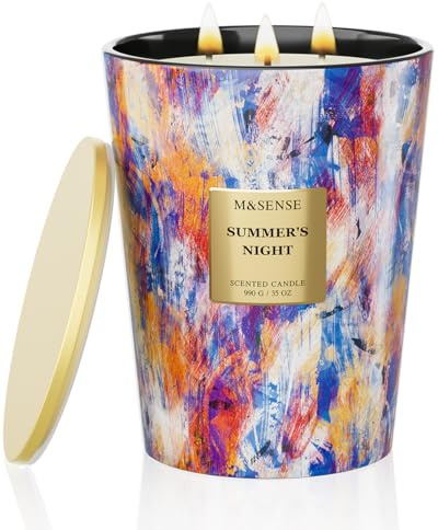 M&SENSE Stor doftljus i glas, Sommernacht Scented Candle, upp till 150 timmars brinntid med 3 ljusstakar, XXL-ljus gjord av 990 g sojavax för avkoppling, present för kvinnor, jul, födelsedag, mors dag