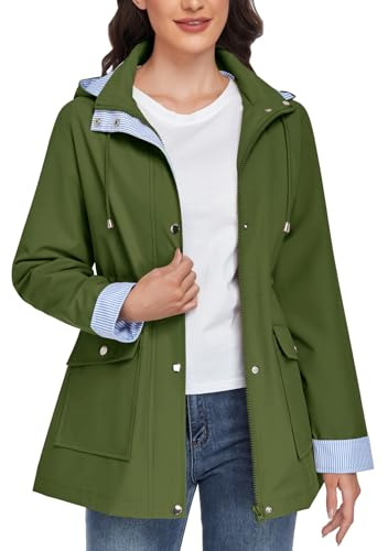 CMTOP Waterproof Jacket for Women Lightweight Hooded Jackets Casual Softshell Jacket with Striped Lining Functional Outdoor Windbreaker Breathable Rain Coat with Pockets(Army Green, L)
