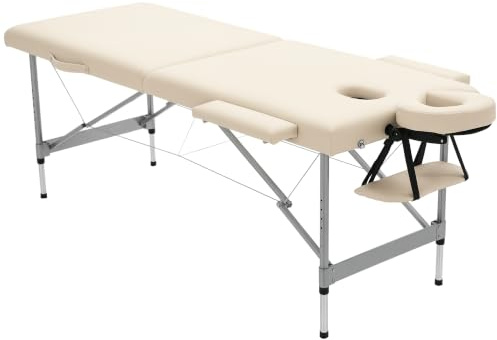 HOMCOM Massageliege 7 Zonen Klappbar mit Kopfstütze Armlehne Beige | Massagetisch, Höhenverstellbar, Aluminium, Massagebett, Massagebank, Kunstleder, Für Spa Salon Tattoo