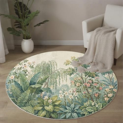 ZISTRCBAO Tappeto Rotondo Banane Felci Salici Piangenti 100cm, Lavabile in Lavatrice E Antiscivolo, Morbido Tappeto Rotondo Giungla Tropicale Retrò per Soggiorno, Camera Da Letto, Cucina